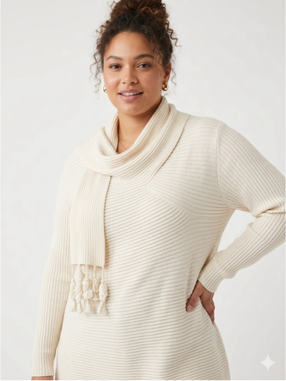 Tricotto Off White Cream Ribbed Knit Sweater w/Attached Scarf & Pom-Poms XL 624